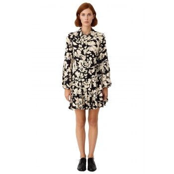 Kadın Çiçek Desenli Kuşaklı Uzun Kollu Skater Gömlek Elbise Rahat Dokuma Mini Kesim Kaliteli