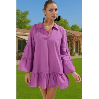 Kadın Çiçek Desenli Mini Pamuklu Plaj Elbisesi Volanlı Yazlık Zarifane Tasarım Dayanıklı Malzeme