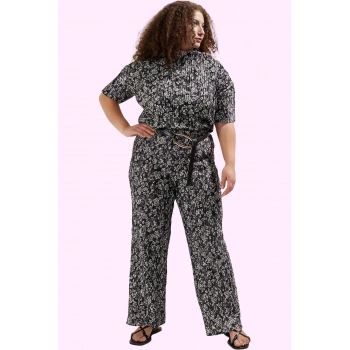 Kadın Çiçek Desenli Örme Pantolon Geniş Paça Yüksek Bel Büyük Beden Casual Günlük Kullanım