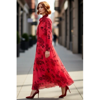 Kadın Çiçek Desenli Piliseli Şifon Maxi Elbise Uzun Balon Kollu Boyundan Bağlamalı Detaylı