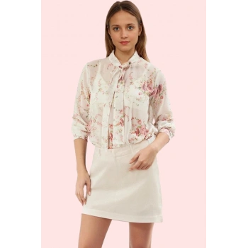 Kadın Çiçek Desenli Şifon Gömlek Boyundan Bağlamalı Uzun Kol Regular Kalıp Günlük Kullanım