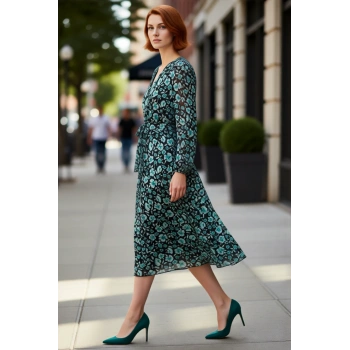 Kadın Çiçekli A Kesim Maxi Kuşaklı V Yaka Balon Kol Dokuma Şifon Elbise Zarif Ve Modern Tasarım