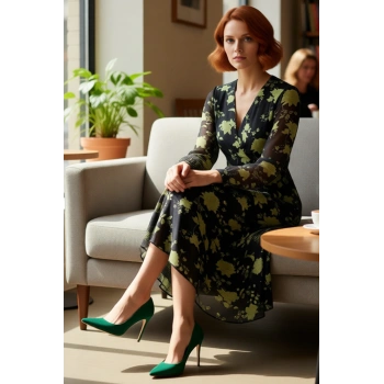 Kadın Çiçekli A Kesim Midi Boy Uzun Kollu Dokuma V Yaka Elbise Gündüz Gece Şık Kombinler Kaliteli