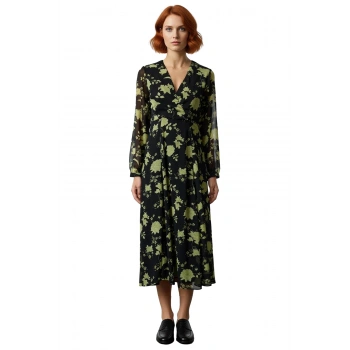 Kadın Çiçekli A Kesim Midi Boy Uzun Kollu Dokuma V Yaka Elbise Gündüz Gece Şık Kombinler Kaliteli