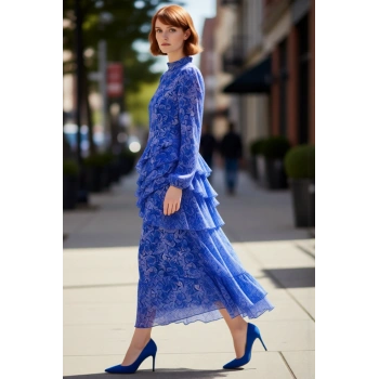 Kadın Çiçekli Balon Kol Maxi Boy Eteği Fırfırlı Astarlı Dokuma Şifon Elbise Şık Davetler İçin