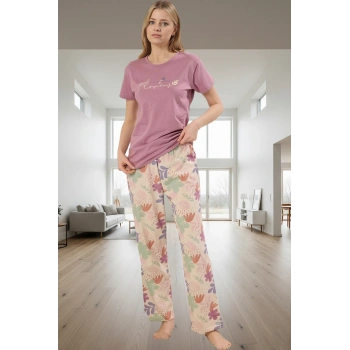 Kadın Çiçekli Bisiklet Yaka Pamuklu Kısa Kollu Pijama Takımı Konforlu Kesim Zarif Tasarım