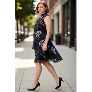 Kadın Çiçekli Desen Şifon Dokuma A Kesim Boyundan Bağlamalı Mini Elbise İlkbahar Yaz İçin İdeal