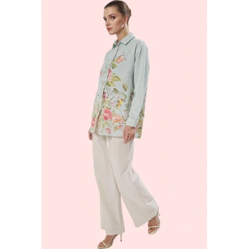 Kadın Çiçekli Desenli Oversize Keten Görünümlü Gömlek Polyester Günlük Kullanım Hafta Sonu