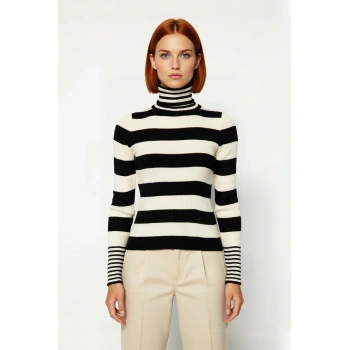 Kadın Çizgili Balıkçı Yaka Triko Kazak Basic Regular Kalıp Kışlık Uzun Kollu Günlük Şıklık Sunar