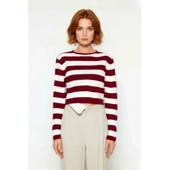 Kadın Çizgili Bisiklet Yaka Fitted Crop Triko Kazak İlkbahar Sonbahar Günlük Kombinler İçin Şık