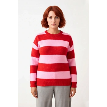 Kadın Çizgili Bisiklet Yaka Regular Kalıp Düşük Kol Uzun Kollu Triko Kışlık Rahat Şık Kazak