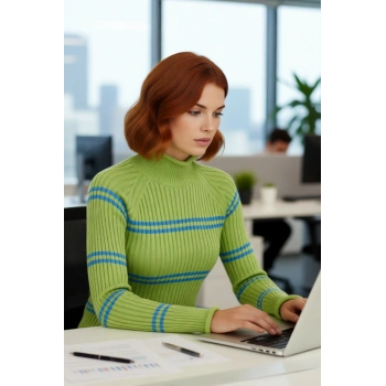 Kadın Çizgili Desenli Dik Yaka Triko Kazak Reglan Kol Kışlık Casual Giyime Uygun Konforlu Ürün