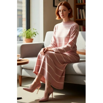 Kadın Çizgili Dik Yaka Triko Elbise A line Kesim Uzun Kollu Kış Günleri İçin Çok Şık Kaliteli