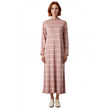 Kadın Çizgili Dik Yaka Triko Elbise A line Kesim Uzun Kollu Kış Günleri İçin Çok Şık Kaliteli