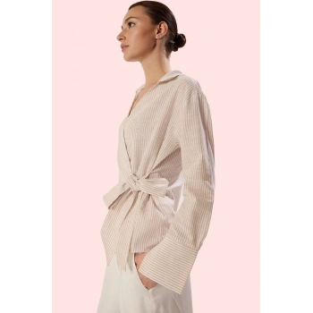 Kadın Çizgili Flamlı Pamuklu Gömlek Yandan Bağlama Uzun Kollu Regular Kalıp Günlük Kullanım