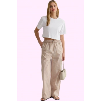 Kadın Çizgili Geniş Paça Pantolon Yüksek Bel Straight Kalıp Yazlık Yaz Aylarının Vazgeçilmezi