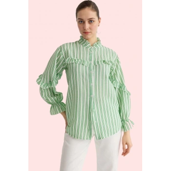 Kadın Çizgili Gofre Dokuma Gömlek Dik Yaka Uzun Kollu Pamuk Günlük Stil Yaz Aylarının Vazgeçilmezi