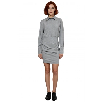 Kadın Çizgili Gömlek Yaka Uzun Kollu Dokuma Drape Detaylı Günlük Şık Mini Elbise Stili