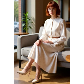 Kadın Çizgili Kemer Detaylı Dokuma Maxi Elbise Hakim Yaka Uzun Kollu A line Kalıp Günlük Şıklık