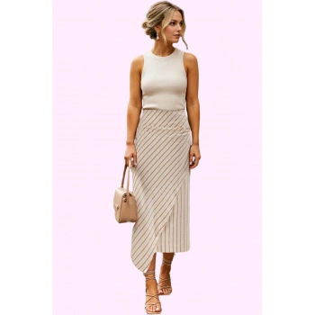 Kadın Çizgili Keten Görünümlü Pamuklu Sarong Midi Etek Günlük Yaz Kombinleri Modern Tasarım