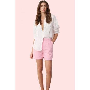 Kadın Çizgili Keten Karışımlı City Boy Şort Yüksek Bel Günlük Kullanım Yaz Aylarının Vazgeçilmezi
