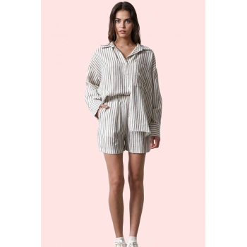 Kadın Çizgili Müslin Şort Yüksek Bel Geniş Paça Kısa Boy Pamuklu Günlük Yaz Aylarının Vazgeçilmezi