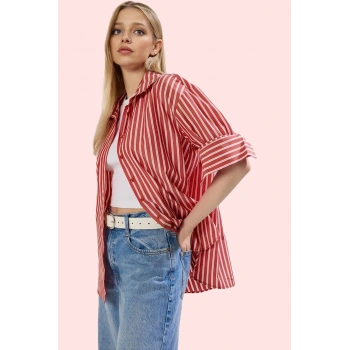 Kadın Çizgili Oversize Gömlek Basic Siluet Uzun Kollu Günlük Kombinler Yaz Aylarının Vazgeçilmezi