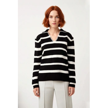Kadın Çizgili Oversize Polo Yaka Düşük Kol Akrilik Triko Kazak Kışlık Basic Tarzınızı Tamamlar