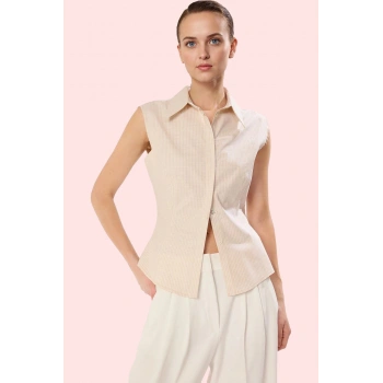 Kadın Çizgili Pamuk Gömlek Basic Siluet Rahat Günlük Kullanım Hafta Sonu Dayanıklı Malzeme