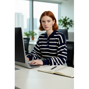 Kadın Çizgili Polo Yaka Düşük Kol Relaxed Fit Kışlık Triko Kazak Günlük Şıklık Sunar Kaliteli