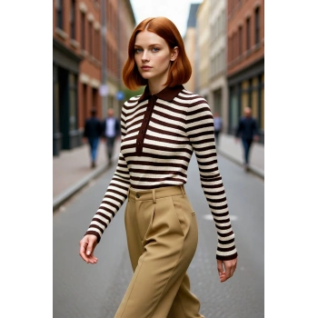 Kadın Çizgili Polo Yaka Fitted Triko Kazak Akrilik Dokusuyla Casual ve Günlük Şıklık Sunar