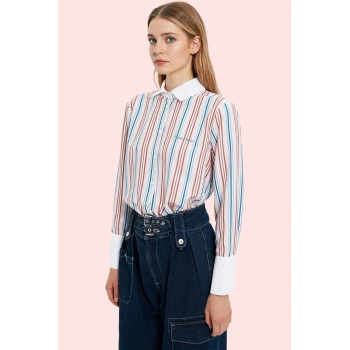 Kadın Çizgili Poplin Gömlek Basic Siluet Uzun Kollu Yaka Günlük Kullanım Dayanıklı Malzeme