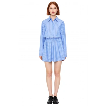 Kadın Çizgili Poplin Gömlek Yaka Uzun Düşük Kol Mini Elbise Bel Lastikli Şık Günlük Stili Kaliteli