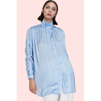 Kadın Çizgili Saten Dokuma Gömlek Uzun Kollu Şık ve Rahat Günlük Yaz Aylarının Vazgeçilmezi