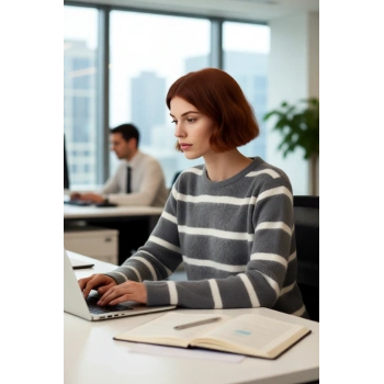 Kadın Çizgili Triko Düşük Kol Bisiklet Yaka Kışlık Tesettür Giyim Rahat Regular Kalıp Kazak