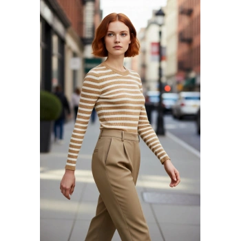 Kadın Çizgili Triko Fitted Uzun Kol Bisiklet Yaka Akrilik Basic Casual Günlük Kazak Kaliteli