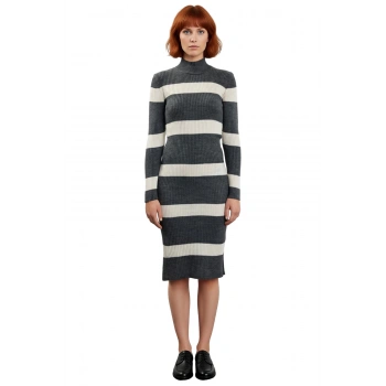 Kadın Çizgili Triko Midi Elbise Dik Yaka Uzun Kollu Bodycon Akrilik İnce Kumaş İlkbahar Sonbahar