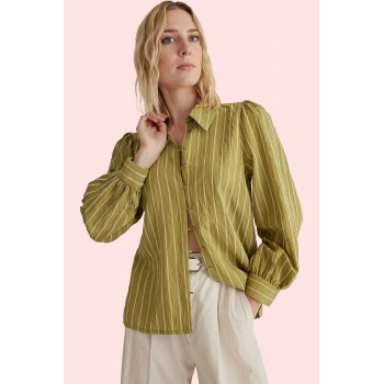 Kadın Çizgili Uzun Kollu Gömlek Regular Kalıp Viskon Karışımlı Dokuma Günlük Ve İş Hayatı Hafta Sonu