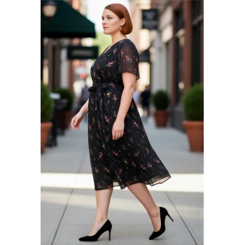 Kadın Çok Renkli Çiçekli V Yaka Kruvaze Maxi Boy Şifon A line Elbise İlkbahar Sonbahar Kaliteli