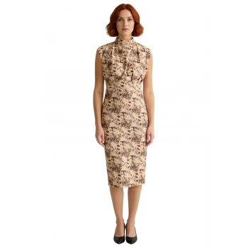 Kadın Çok Renkli Desenli Bodycon Siluet Midi Elbise Kolsuz Dik Yaka Polyester Karışımlı Konfor