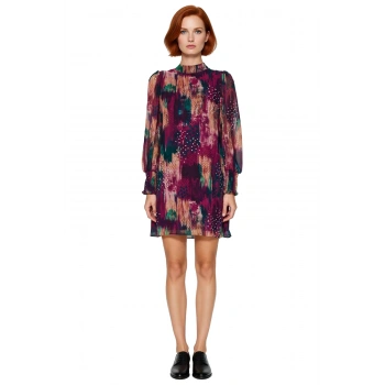 Kadın Çok Renkli Dokuma Şifon Dik Yaka Balon Kol Uzun Kollu Shift Mini Elbise Günlük Şıklık