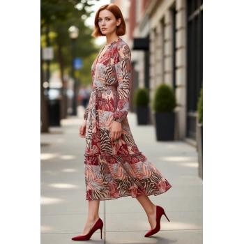 Kadın Çok Renkli Etnik Şal Desenli Midi Dokuma Elbise V Yaka Kuşaklı A Kesim Astarlı Uzun Kollu