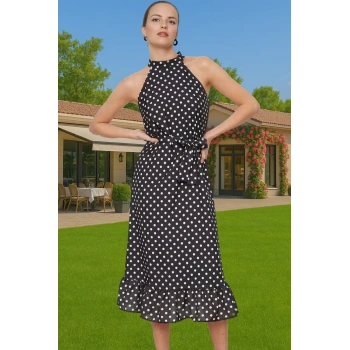 Kadın Çok Renkli Puantiyeli Reglan Kol Midi Elbise Mükemmel Uyum Profesyonel Görünüm Trend Tasarım