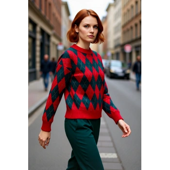 Kadın Cool Comfort Baklava Desenli Kışlık Triko Oversize Uzun Düşük Kollu Bisiklet Yaka Kazak