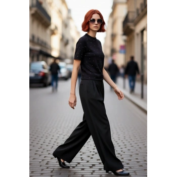 Kadın Cool Comfort Siyah Nakışlı Kısa Kollu Bisiklet Yaka Triko Bluz İlkbahar Sonbahar Kaliteli