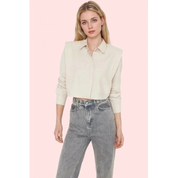 Kadın Crop Gömlek Yaka Düz Desenli Dokuma Terrycotton Kumaş Günlük Kullanım Modern Tasarım