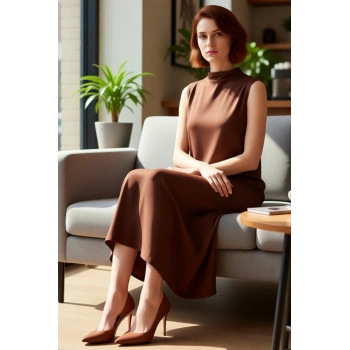 Kadın Dalgıç Örme Kumaş Dik Yaka Kolsuz Shift Maxi Elbise Zamansız Şıklık Ve Rahatlık Sağlar