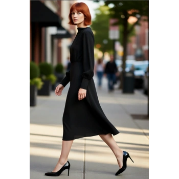 Kadın Degaje Yaka Balon Kol A Kesim Astarlı Krep Midi Elbise Zarif Şık Kışlık Gündüz Gece Stil