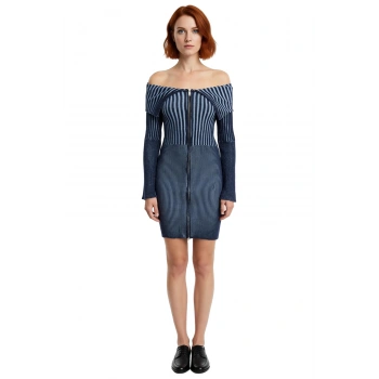 Kadın Degrade Çizgili İnce Triko Bodycon Mini Elbise Omuz Detaylı Uzun Kollu Şık Tasarım Kaliteli