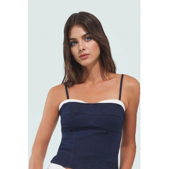 Kadın Denim Fitted Crop Bluz Kalp Yaka İnce Askılı Yazlık Özel Tasarım Rahat Kullanım